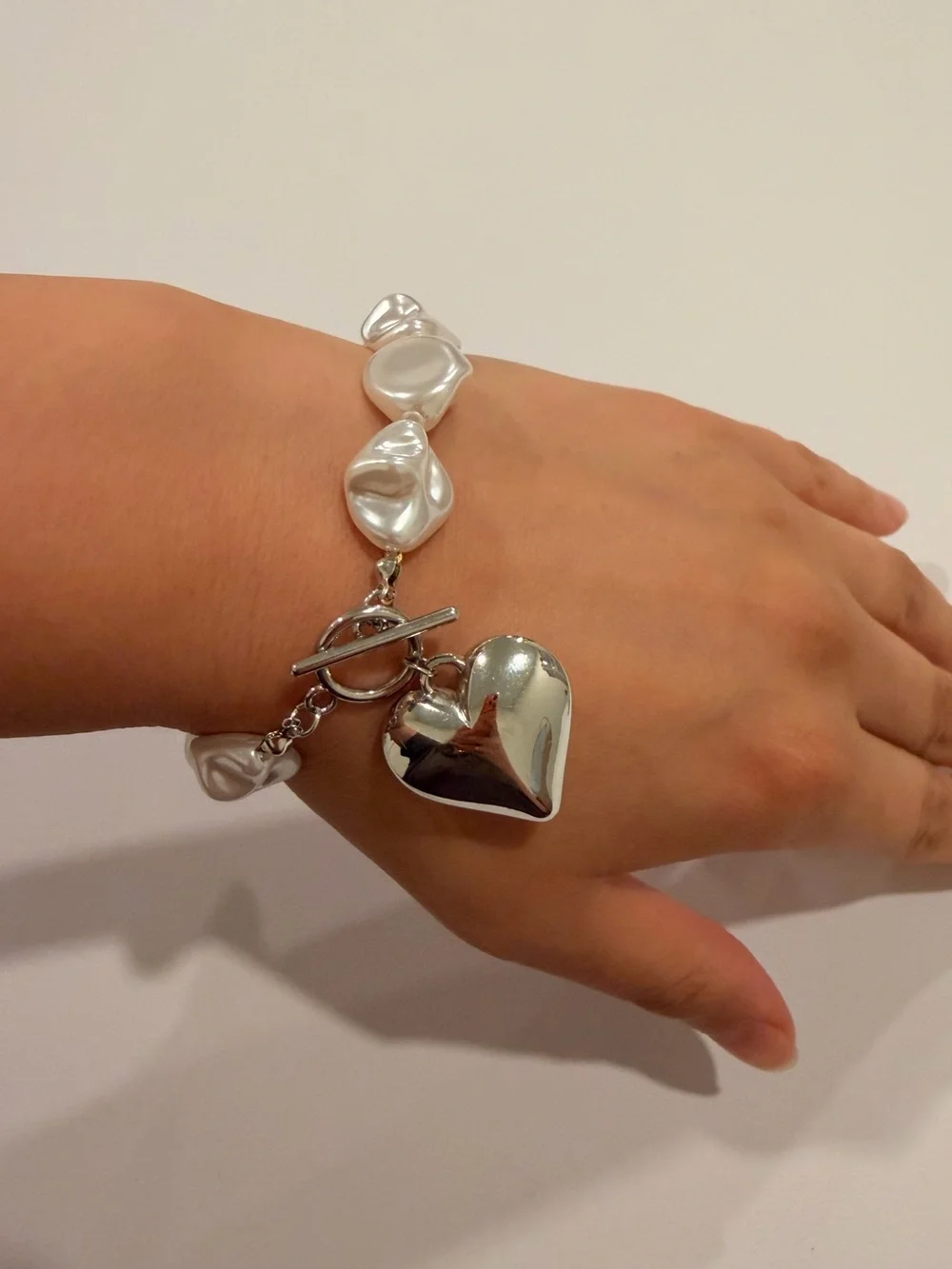 Silver Heart Charm Pearl Link Bracelet